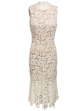 MICHAEL KORS COLLECTION OPTIC WHITE SLEEVELESS LACE MIDI COCKTAIL DRESS